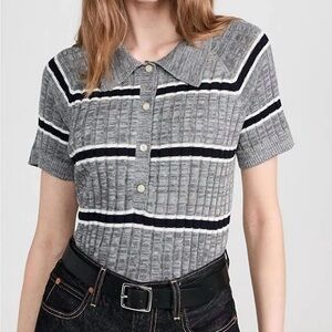 NWT THE GREAT. Gray and Black Striped Button Down Polo. Size 1 (S)